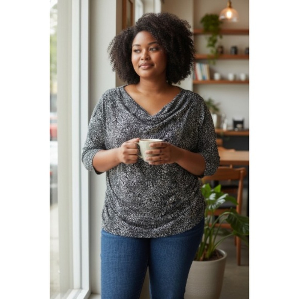 Pure Energy Women Black Gray Abstract Print Cowl Neck 3/4 Sleeve Top Size 2